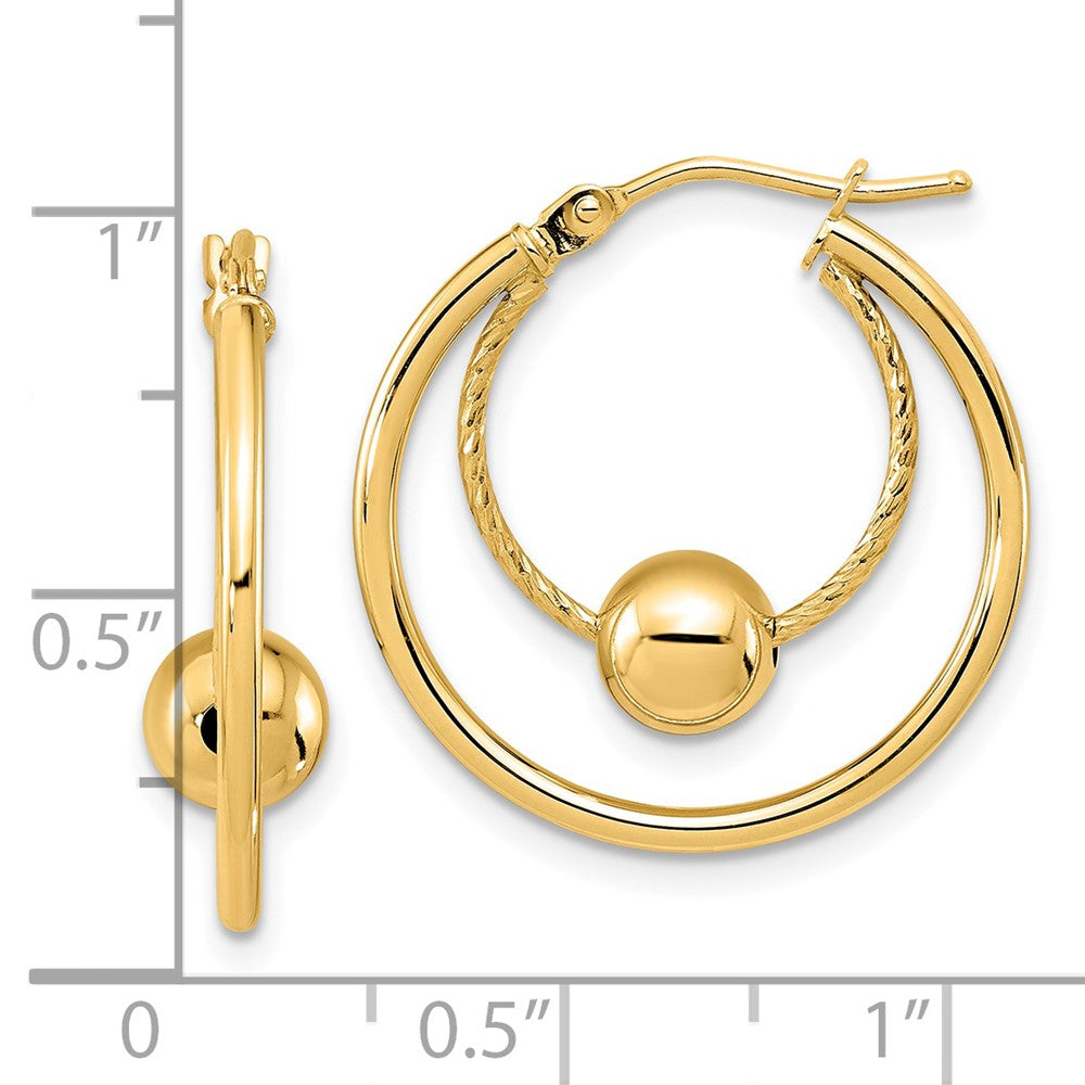 14K Polished Textured w/ 6mm Ball Hoop Earrings