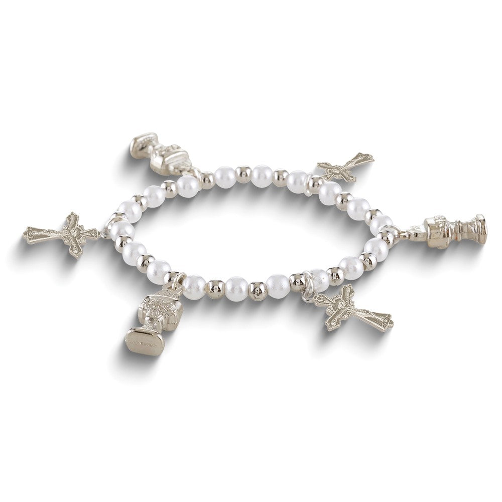 Silver-plated Imitation Pearl First Communion Sacramental Charm Bracelet