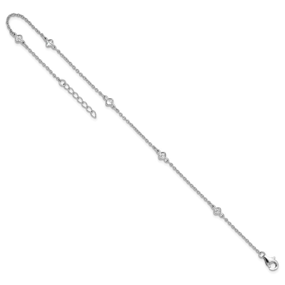 Sterling Silver Rhodium-plated 9in Plus 1in Ext. 5 Station CZ Anklet 9 inches