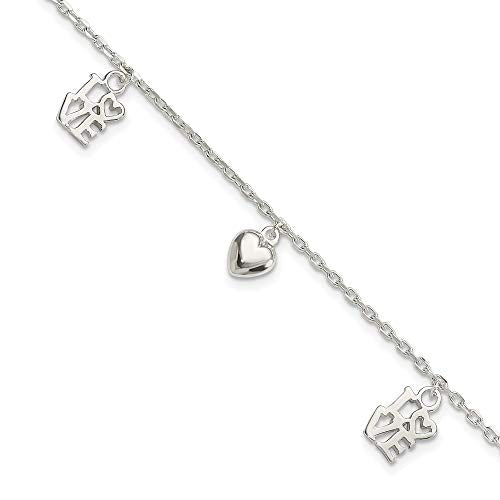 Sterling Silver Heart and LOVE Charm Bracelet 7.5 inches