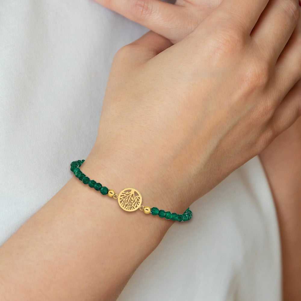 Stainless Steel Polished Yellow IP Tree of Life Green Jade Stretch Bracelet 6.5 inches