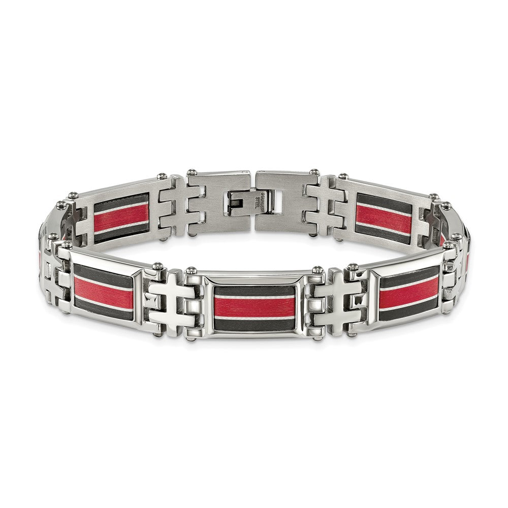 Stainless Steel Polished Black Carbon Fiber/Red Fiber Glass Inlay Bracelet 9.25 inches