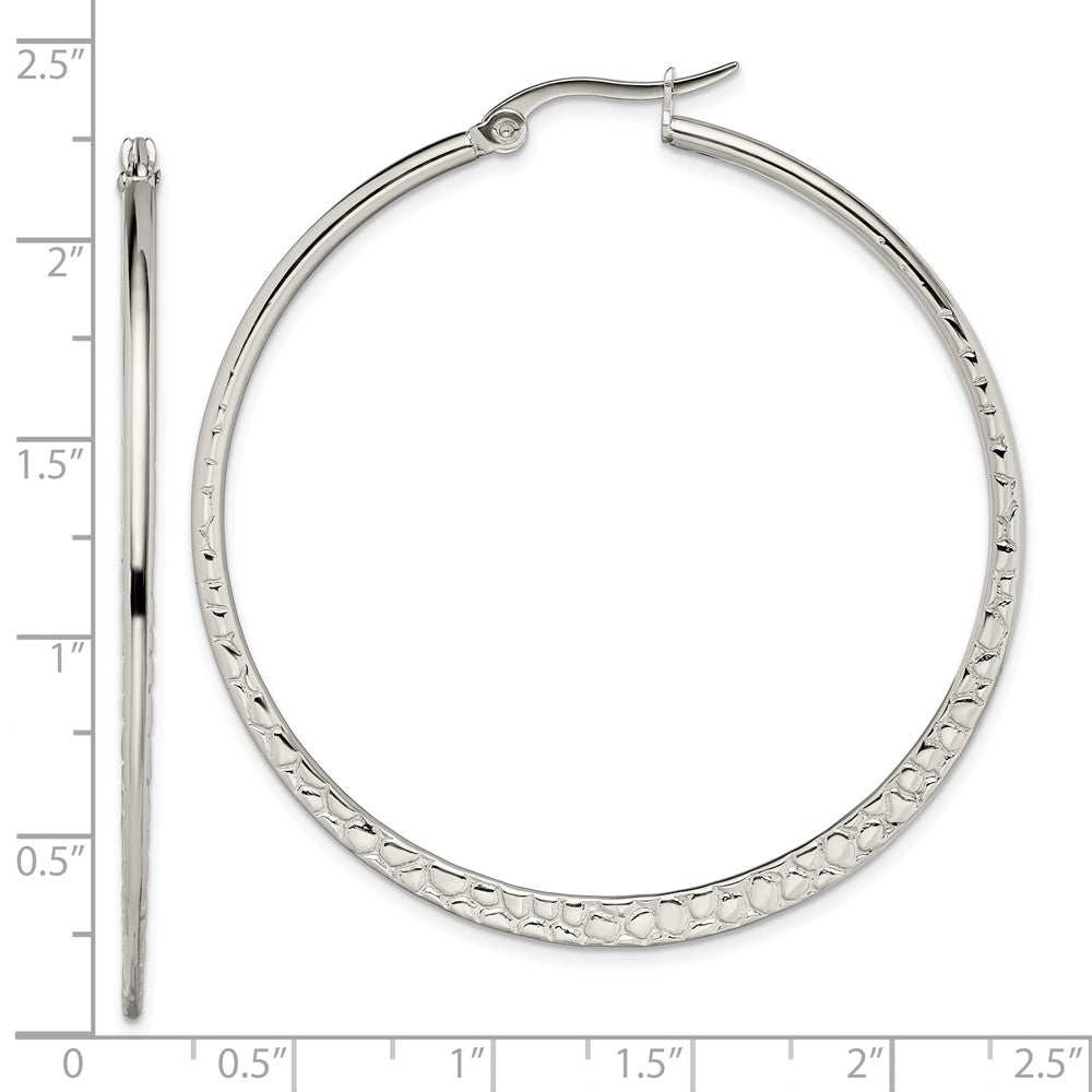 Stainless Steel Polished and Textured 50mm Diameter Hoop Earrings