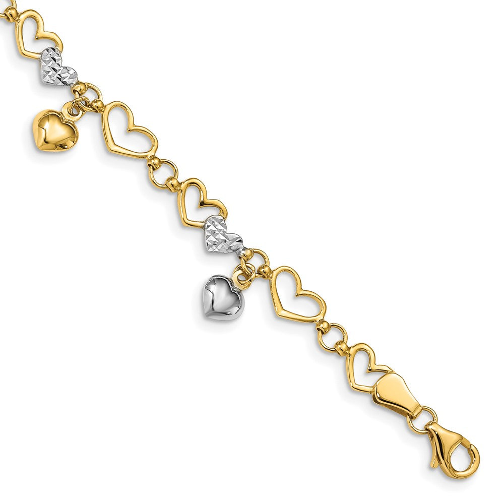 14K & White Rhodium Polished Heart D/C Bracelet 7.5 inches