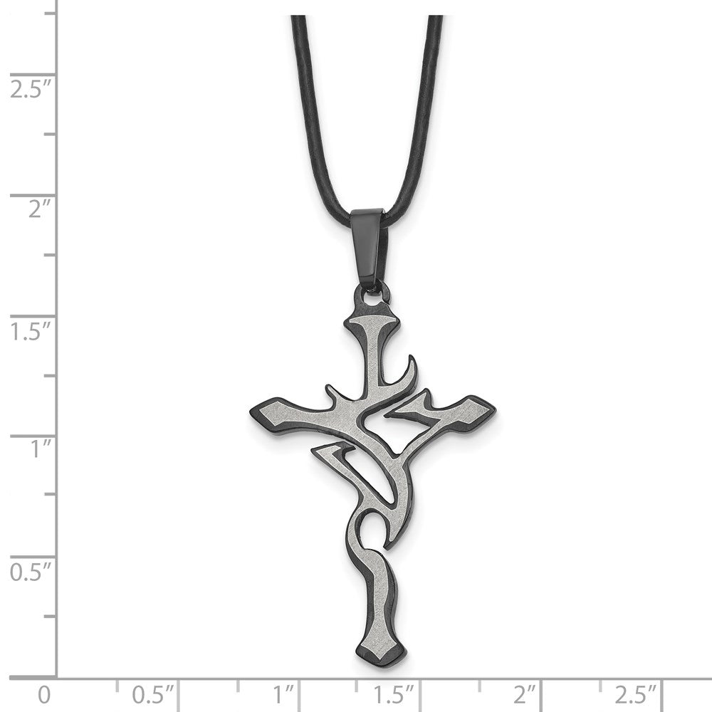 Stainless Steel Brushed & Polished Black IP Cross 18in Leather Necklace