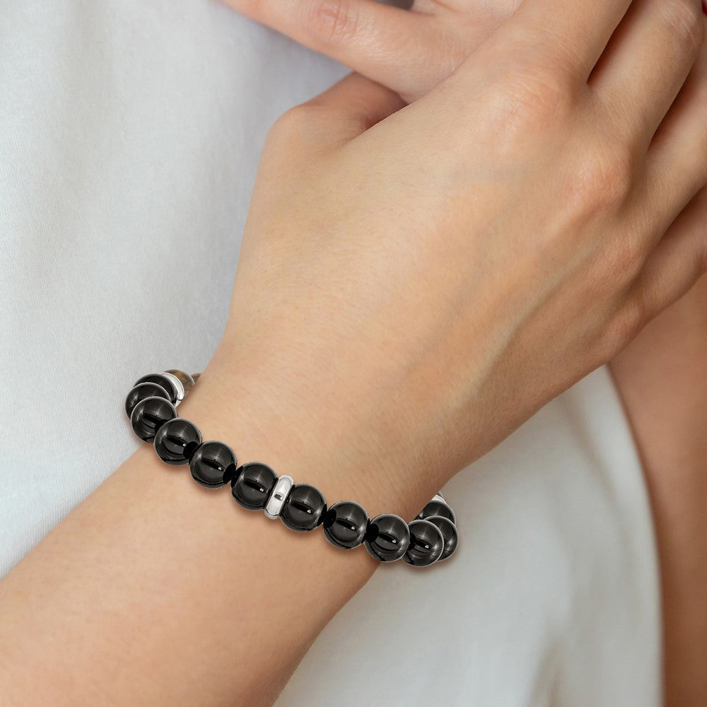 Stainless Steel Polished Black Agate and Tiger's Eye Stretch Bracelet 7.25 inches