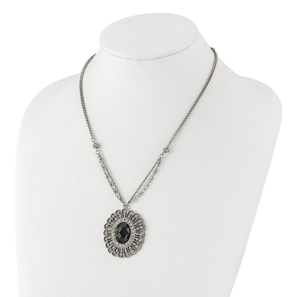 1928 Silver-tone Black Epoxy & Acrylic Fancy Bead w/3in ext. Necklace