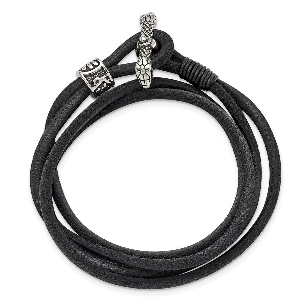 Stainless Steel Antiqued & Polished Snake Suede 16.5in Wrap Bracelet