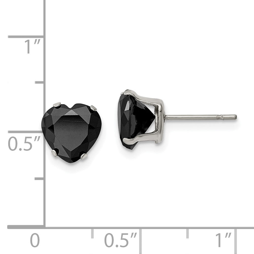 Stainless Steel Polished 8mm Black Heart CZ Stud Post Earrings