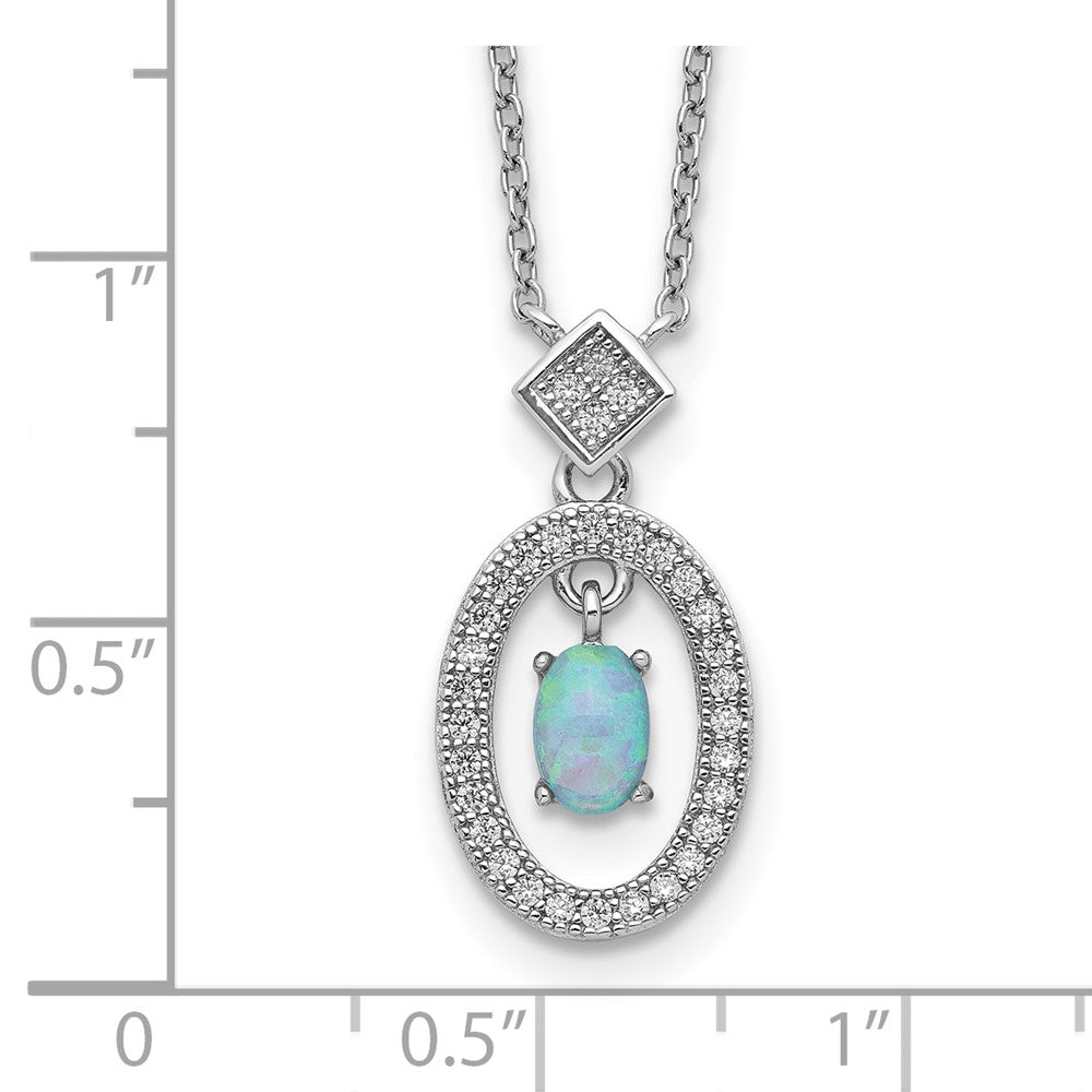 Sterling Silver Rhodium-plated Clear CZ Oval with Lab Created Opal Oval Dangle 16 inch Necklace with 2 inch extension 16 Inches