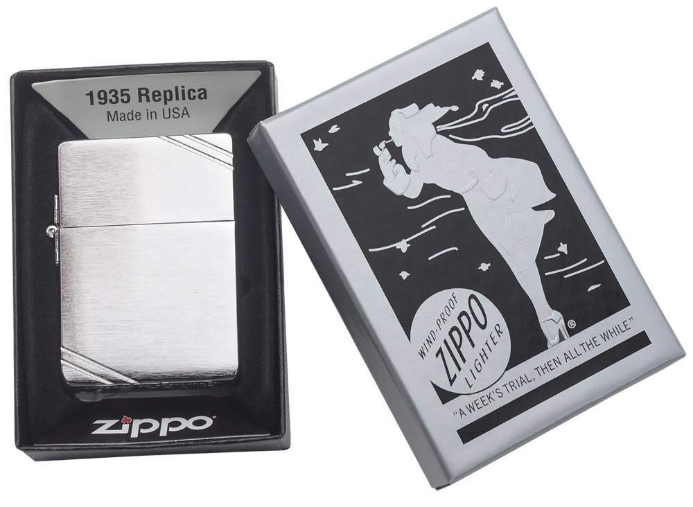 Zippo 1935 Replica with Slashes Brushed Chrome Pocket Lighter
