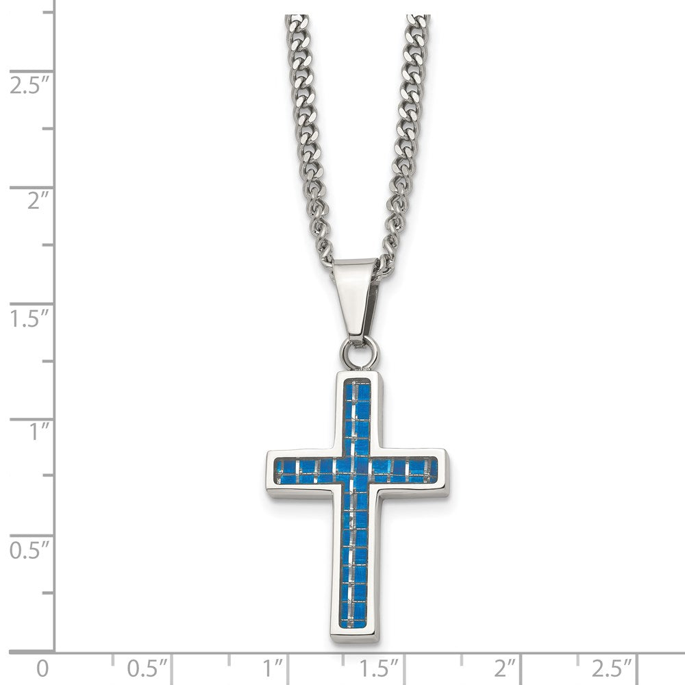 Stainless Steel Polished w/Blue Carbon Fiber Inlay Cross 20in Necklace