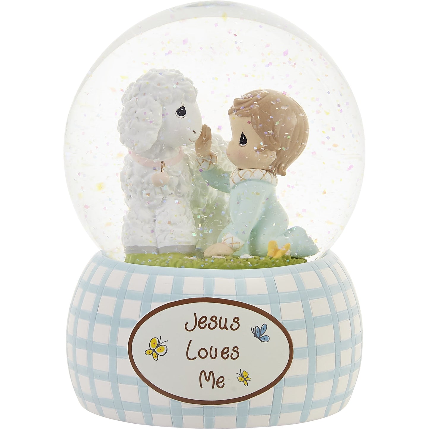 Precious Moments Blue JESUS LOVES ME Musical Resin Snow Globe with Lamb (Plays Jesus Loves Me)