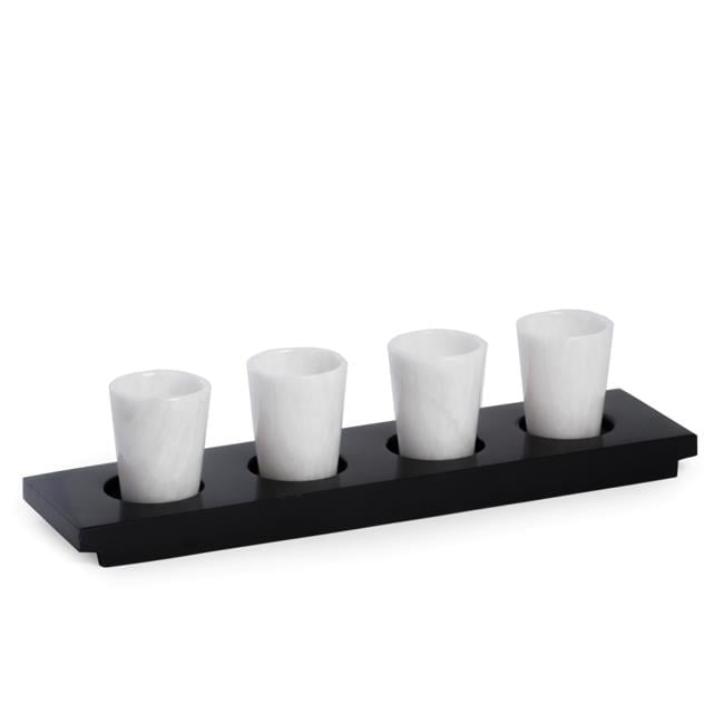 Bey-Berk International TT115 Hand Crafted 4 White Marble Shot Glasses on Black Marble Serving Tray