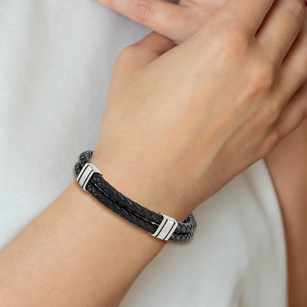 Stainless Steel Polished Braided Black Leather 9in Bracelet 9 inches