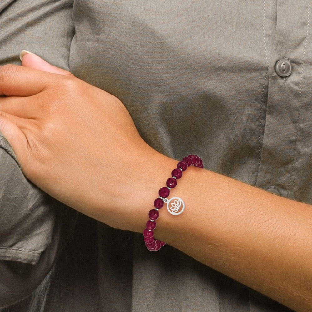 Stainless Steel Polished Lotus w/Tassel Pink Jade Beaded Stretch Bracelet 6.25 inches