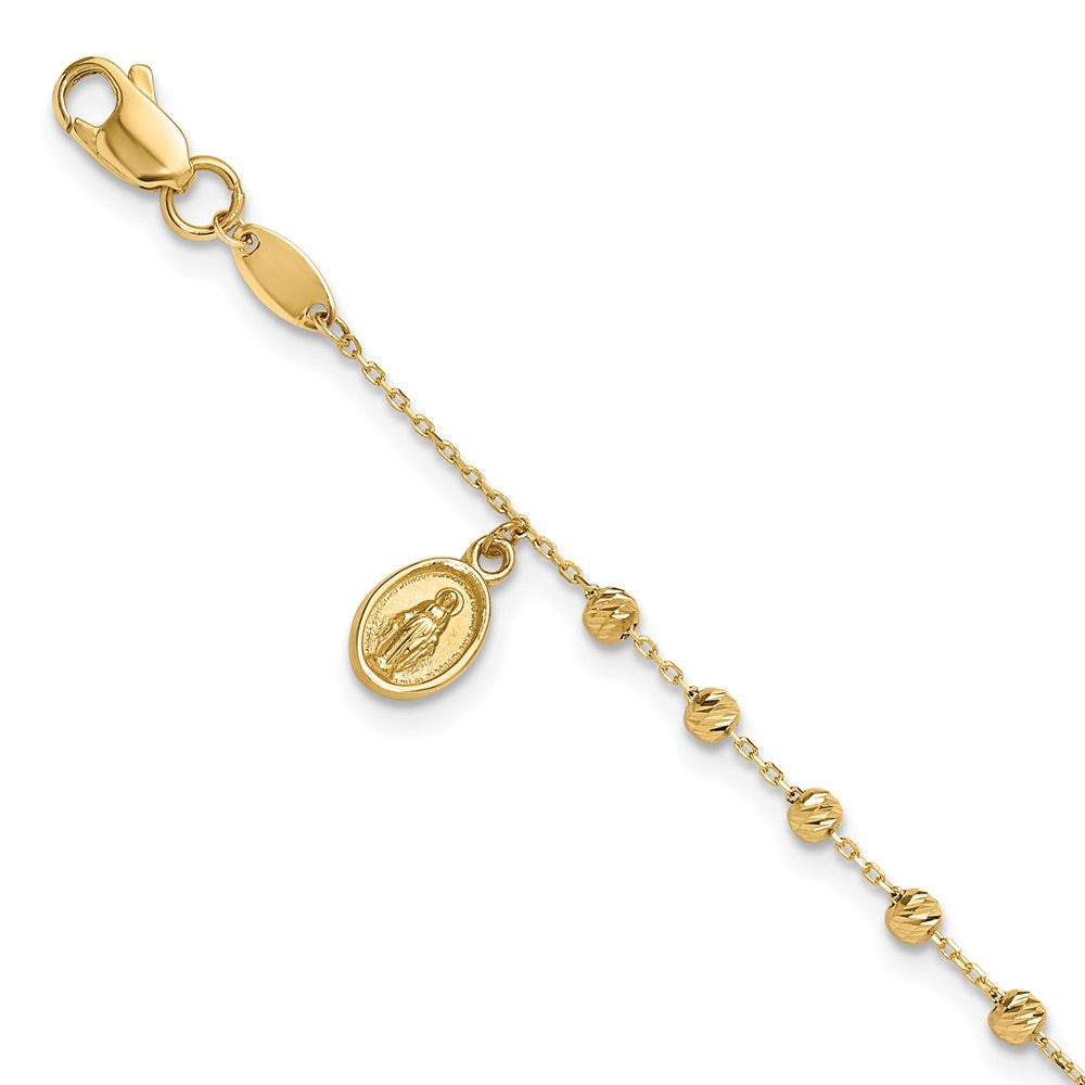 14K Polished and Diamond-cut Miraculous Medal and Cross Rosary Design Brace 7.5 inches