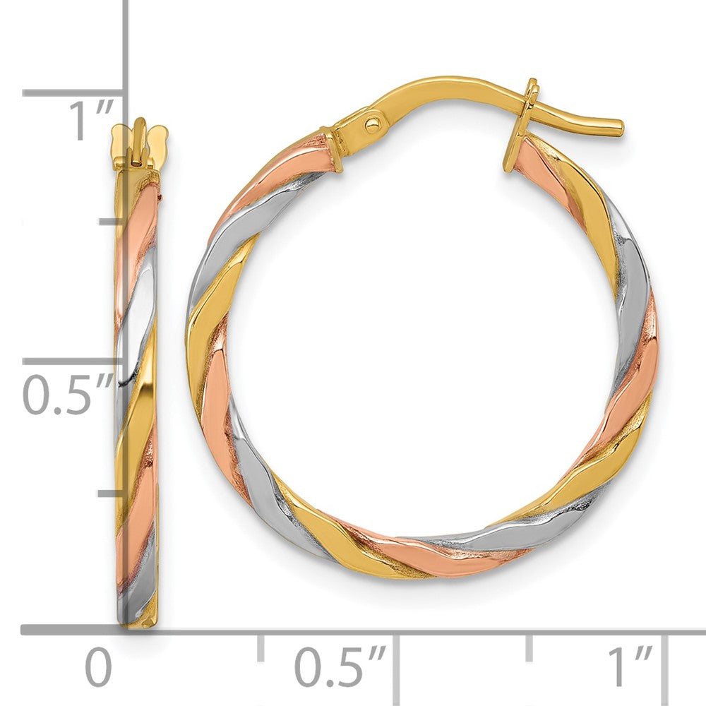 10K with Rose and White Rhodium Polished Twisted 2.00 x 24mm Tube Hoop Earrings