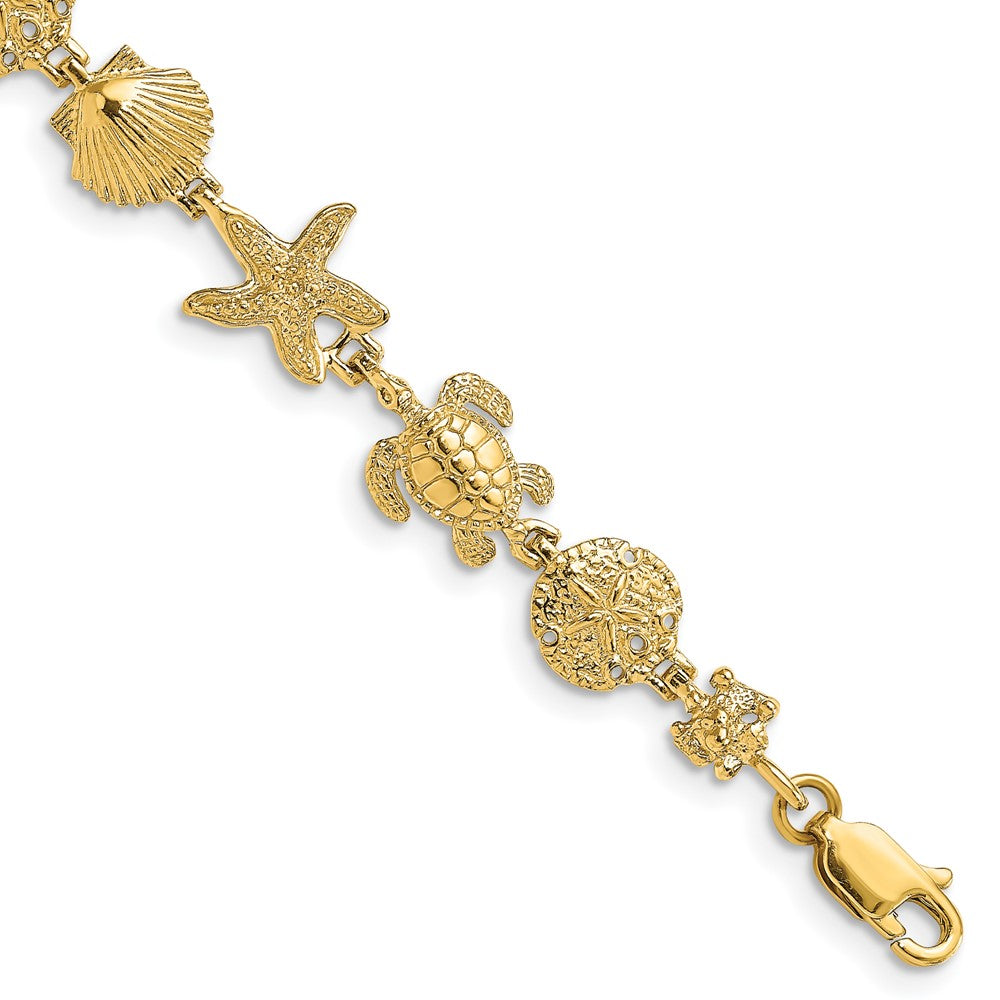 14K Polished Turtle, Sand Dollar, Shell and Starfish Link Bracelet 7 inches