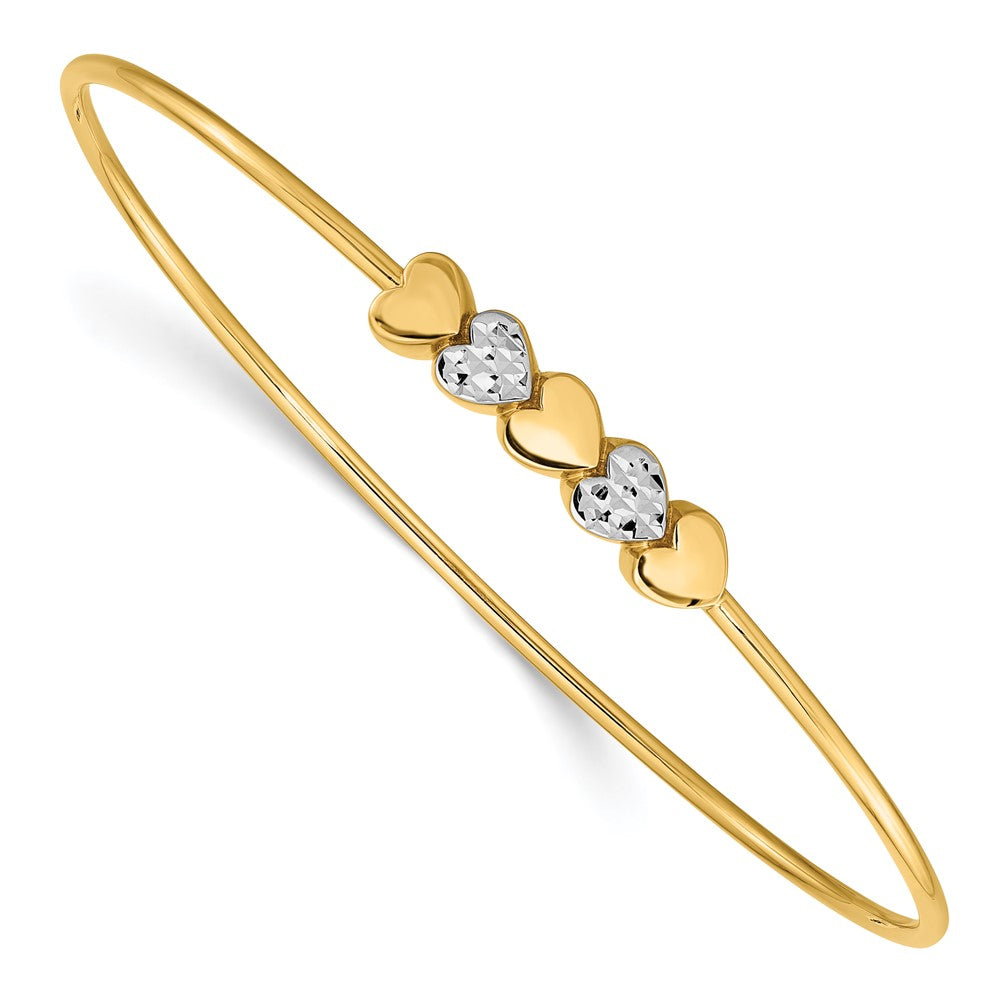 14K & White Rhodium Polished D/C Hearts Slip On Bangle 7.5 inches