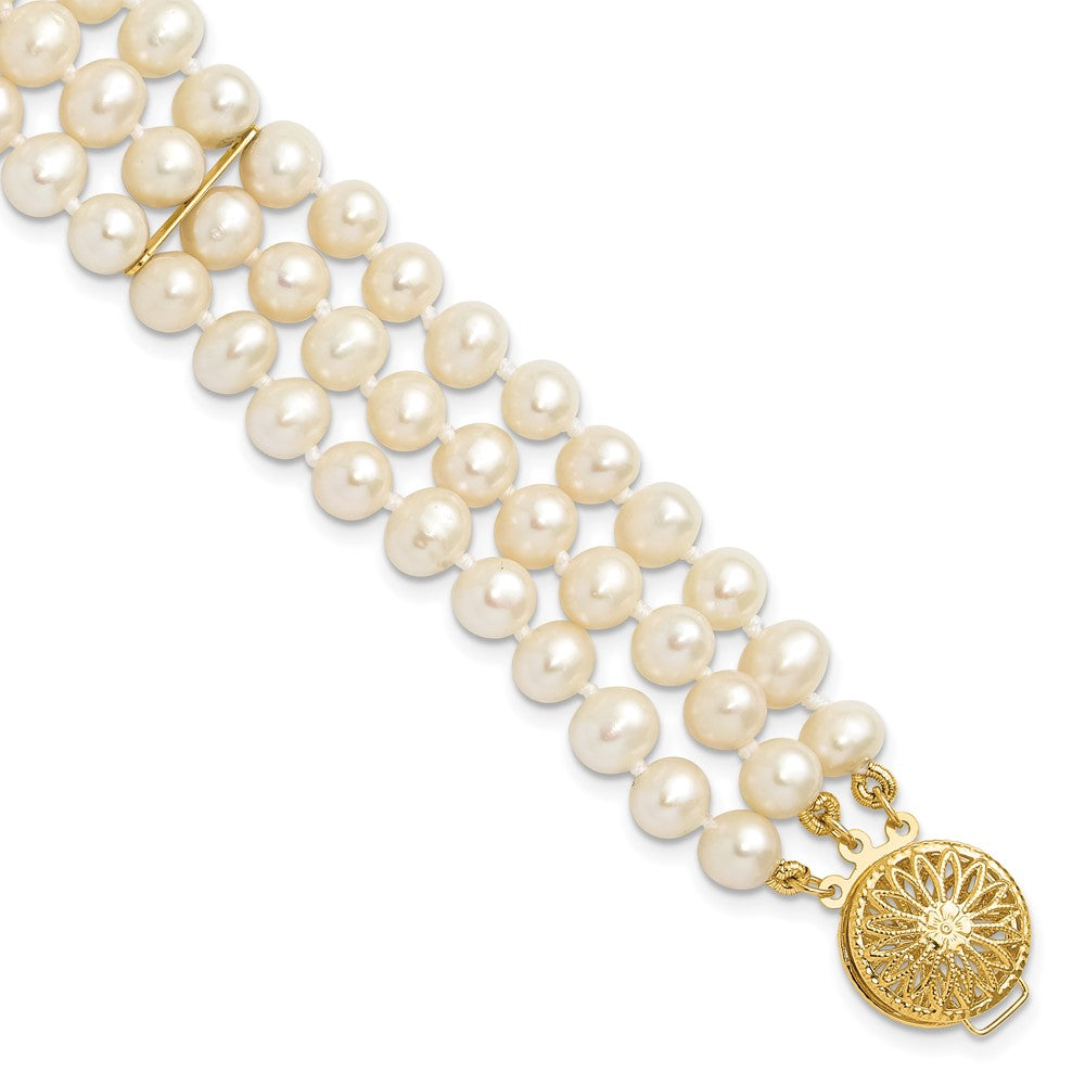 14k 5-6mm White Near-Round Freshwater Cultured Pearl 3-Strand 7.5 inch Bracelet 7.5 inches