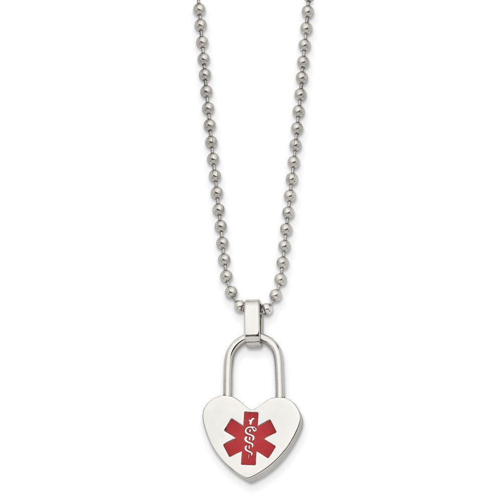 Stainless Steel Polished w/Red Enamel Heart Medical ID 24in Necklace
