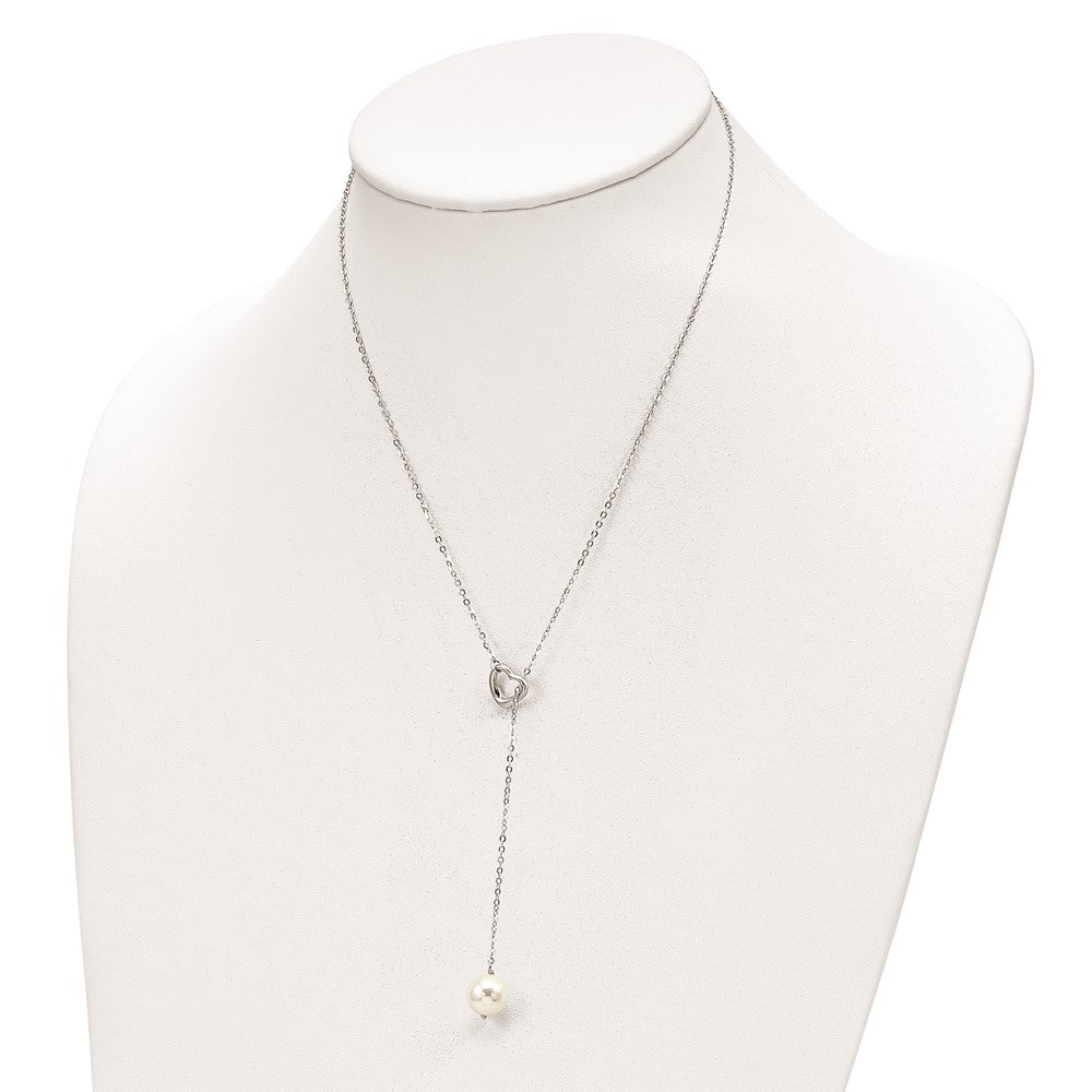 Sterling Silver Rhodium-plated 10-11mm White Round Imitation Shell Pearl Heart 18 inch Necklace 18 Inches
