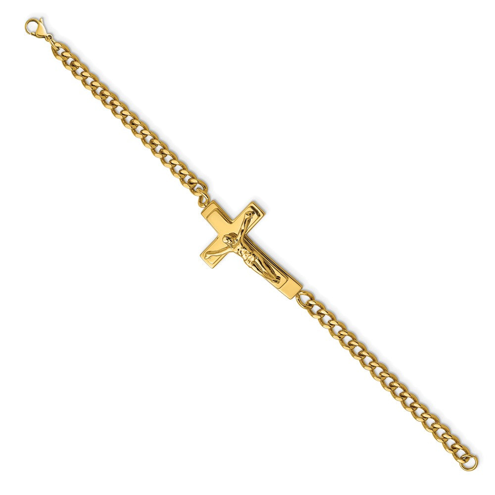 Stainless Steel Polished Yellow IP-plated Crucifix 8in Bracelet 8.5 inches