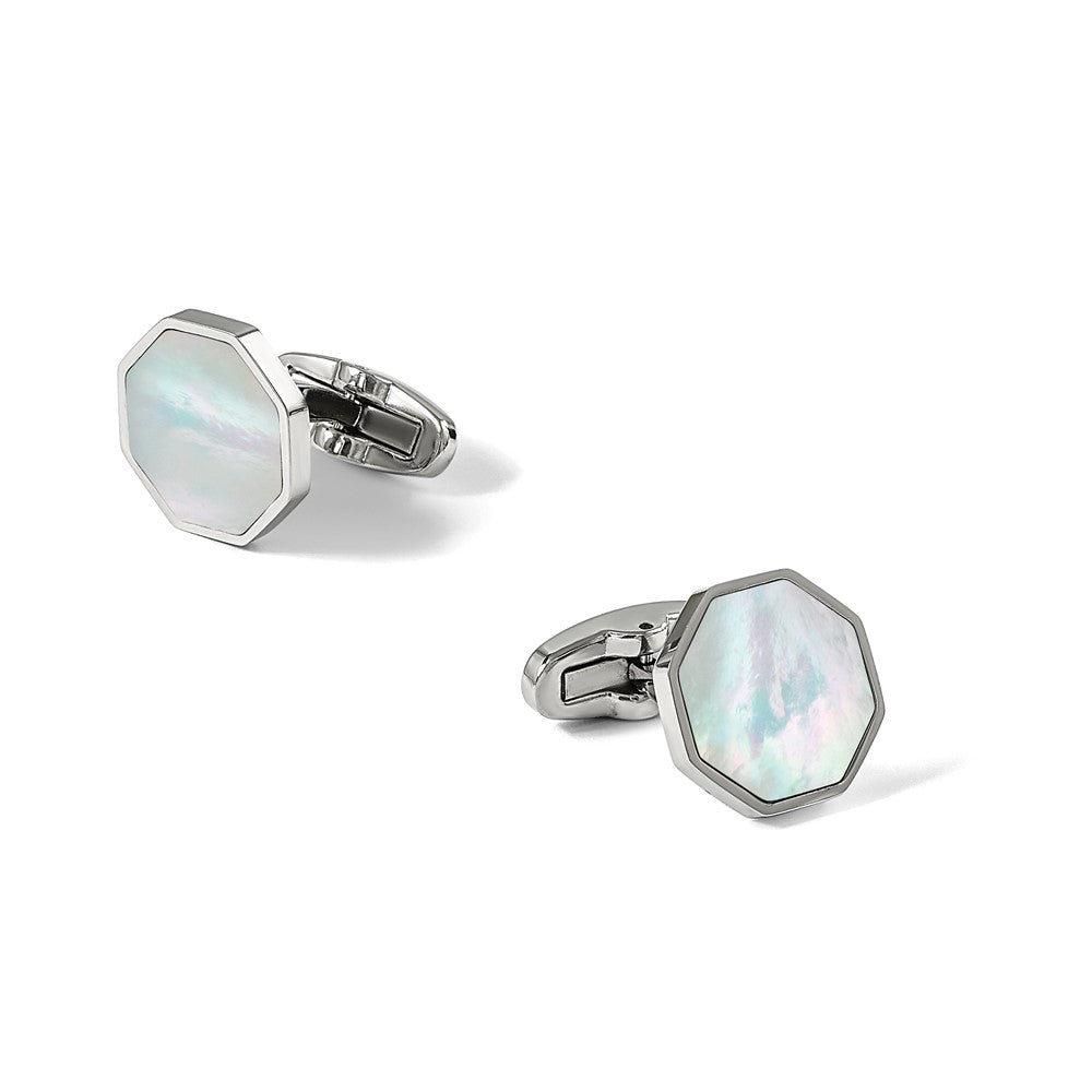 Chisel Stainless Steel Polished with Mother of Pearl Inlay Octagon Cuff Links