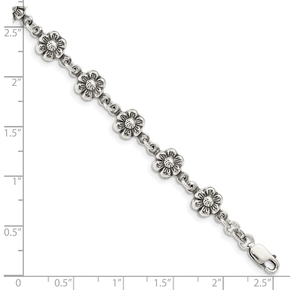 Sterling Silver Antiqued Flower Charm Bracelet 7 inches