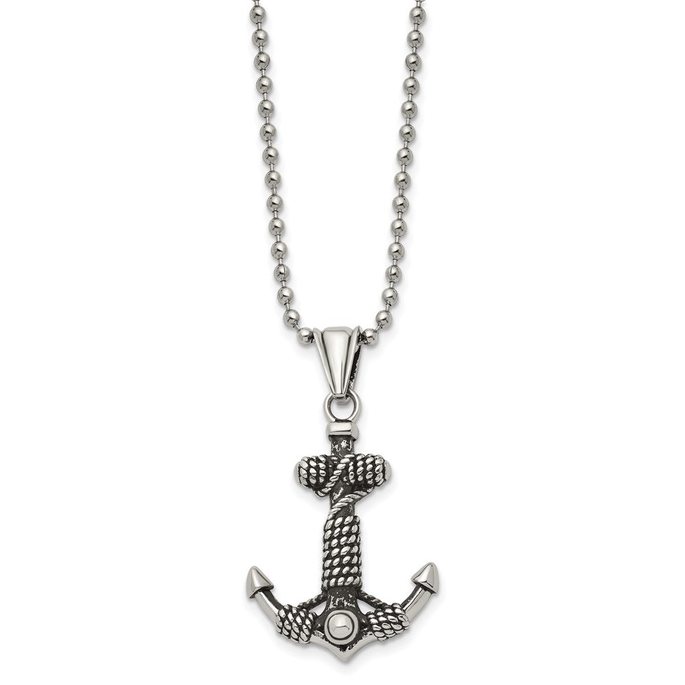 Stainless Steel Antiqued and Polished Anchor 24in Necklace
