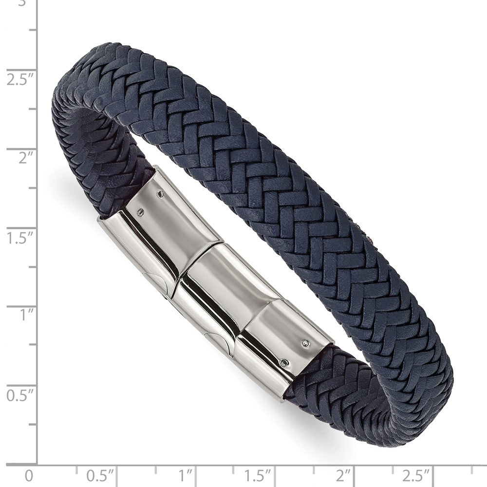 Stainless Steel Polished Navy Blue Leather 7.75in w/.5in ext Bracelet 7.25 inches