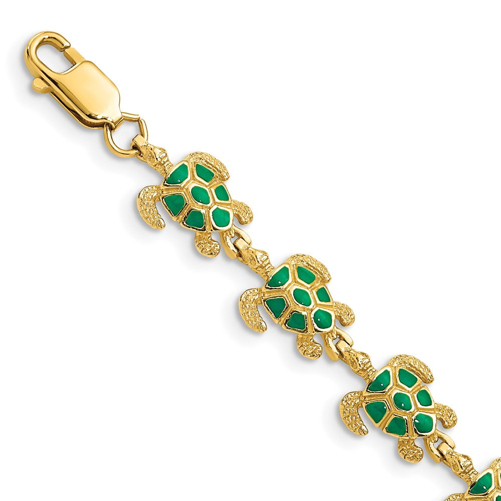 14k w/ Green Enamel Sea Turtle Bracelet 7 inches