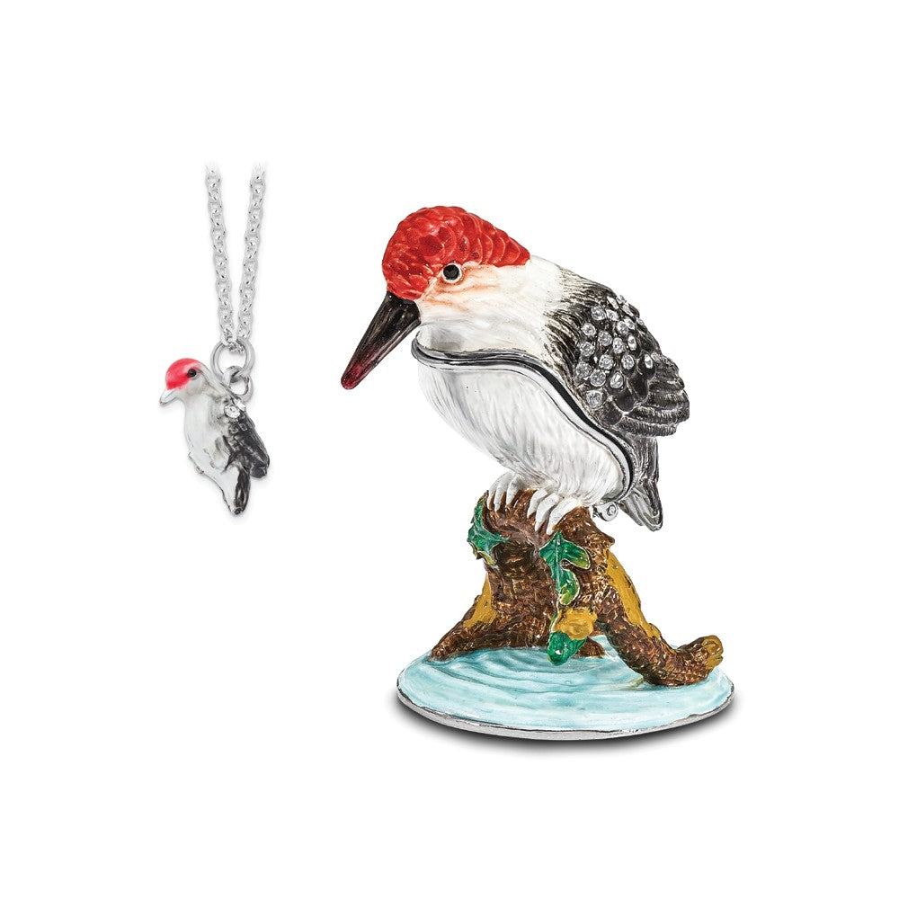 Luxury Giftware by Jere Pewter Bejeweled Crystals Silver-tone Enameled WOODROW Woodpecker Trinket Box with Matching 18 Inch Necklace