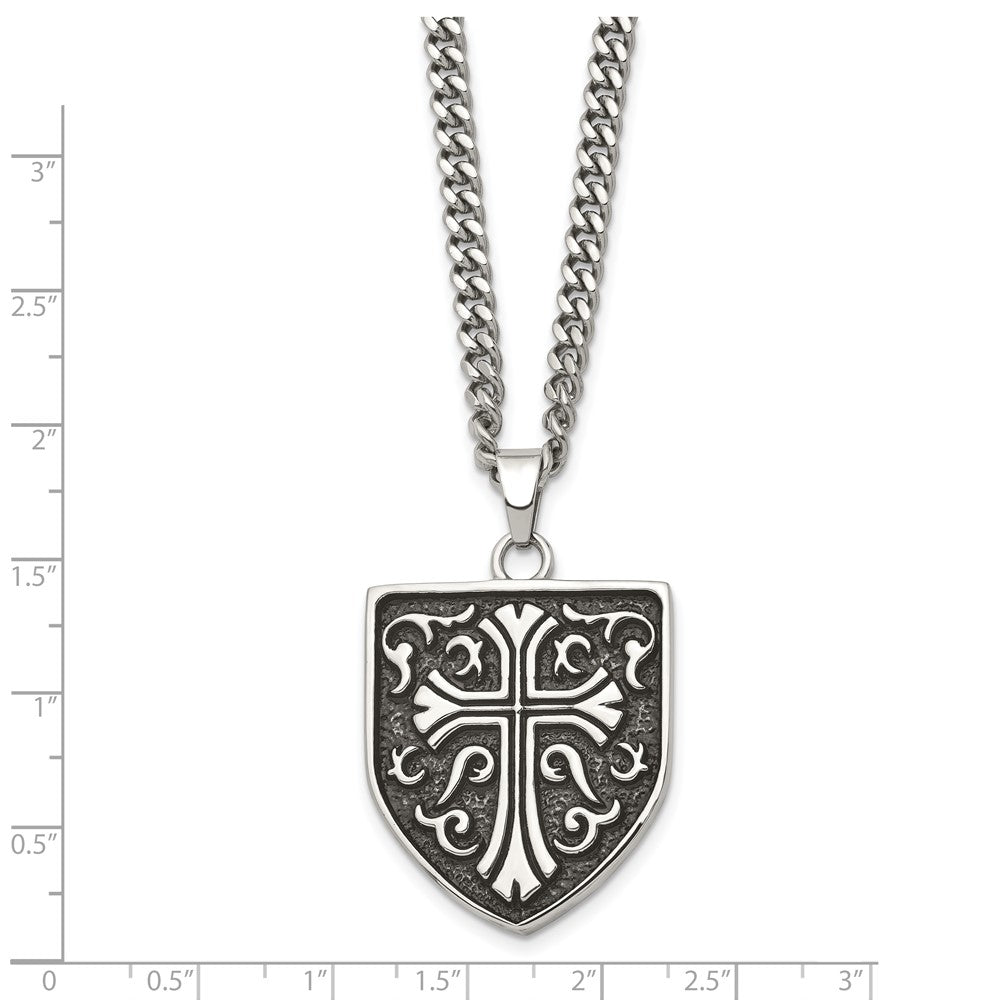 Stainless Steel Antiqued Polished & Textured Cross Shield 24in Necklace