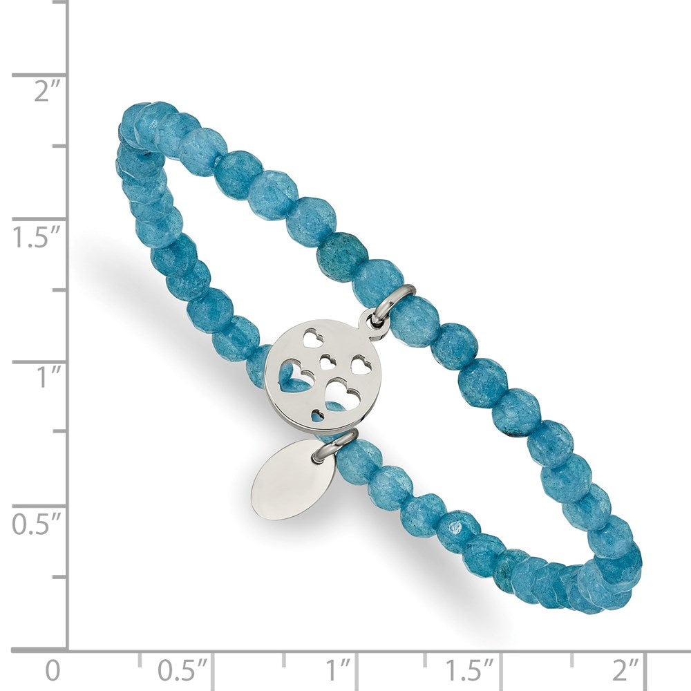 Stainless Steel Polished Hearts Blue Jade Beaded Stretch Bracelet 6.25 inches
