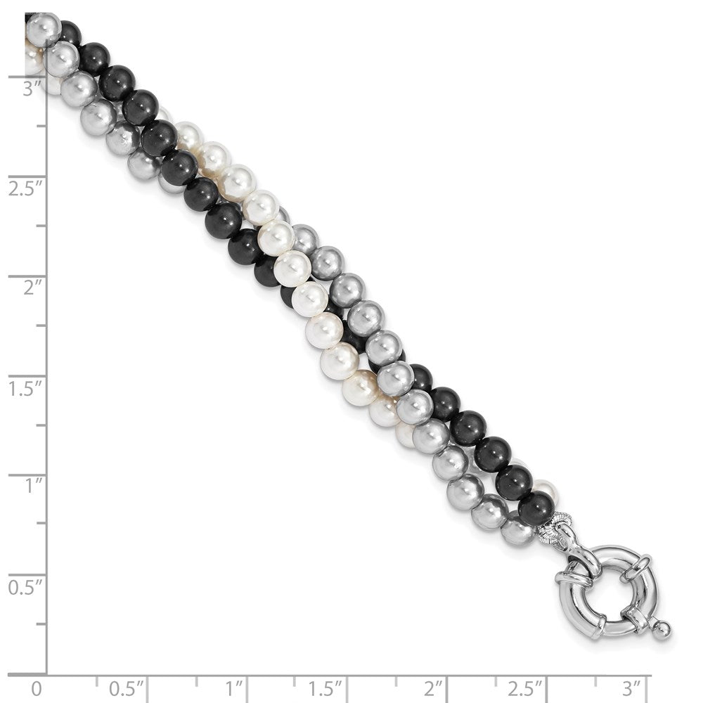 Majestik Sterling Silver Rhodium-plated 3 Row 4-5mm White Grey Black Imitation Shell Pearl Hand-knotted Bracelet 7.5 inches