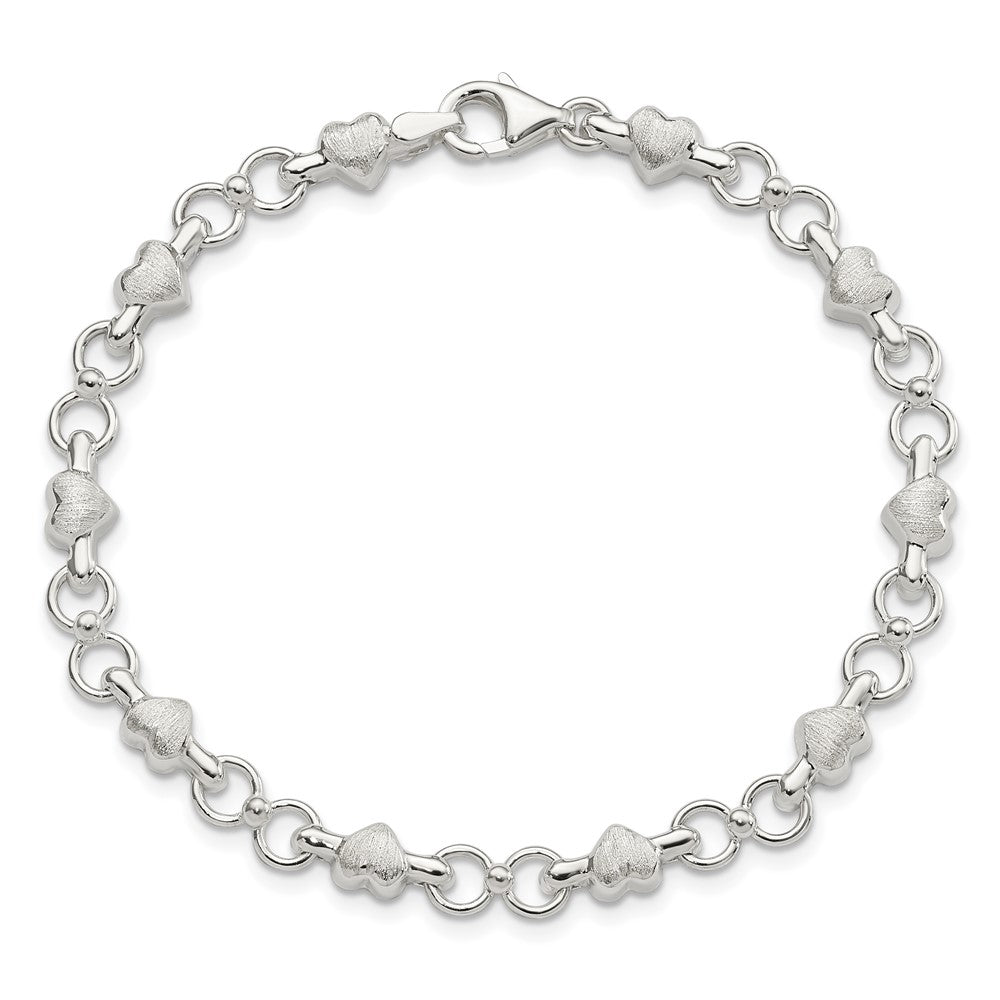Sterling Silver Satin & Polished Heart Chain Bracelet 7.5 inches