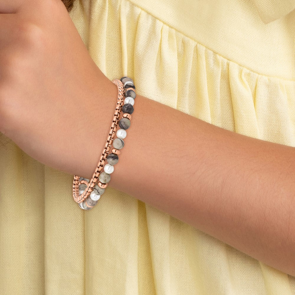 Stainless Steel Polished Rose IP w/Picasso Jasper 6.5in w/1in ext Bracelet 6.5 inches