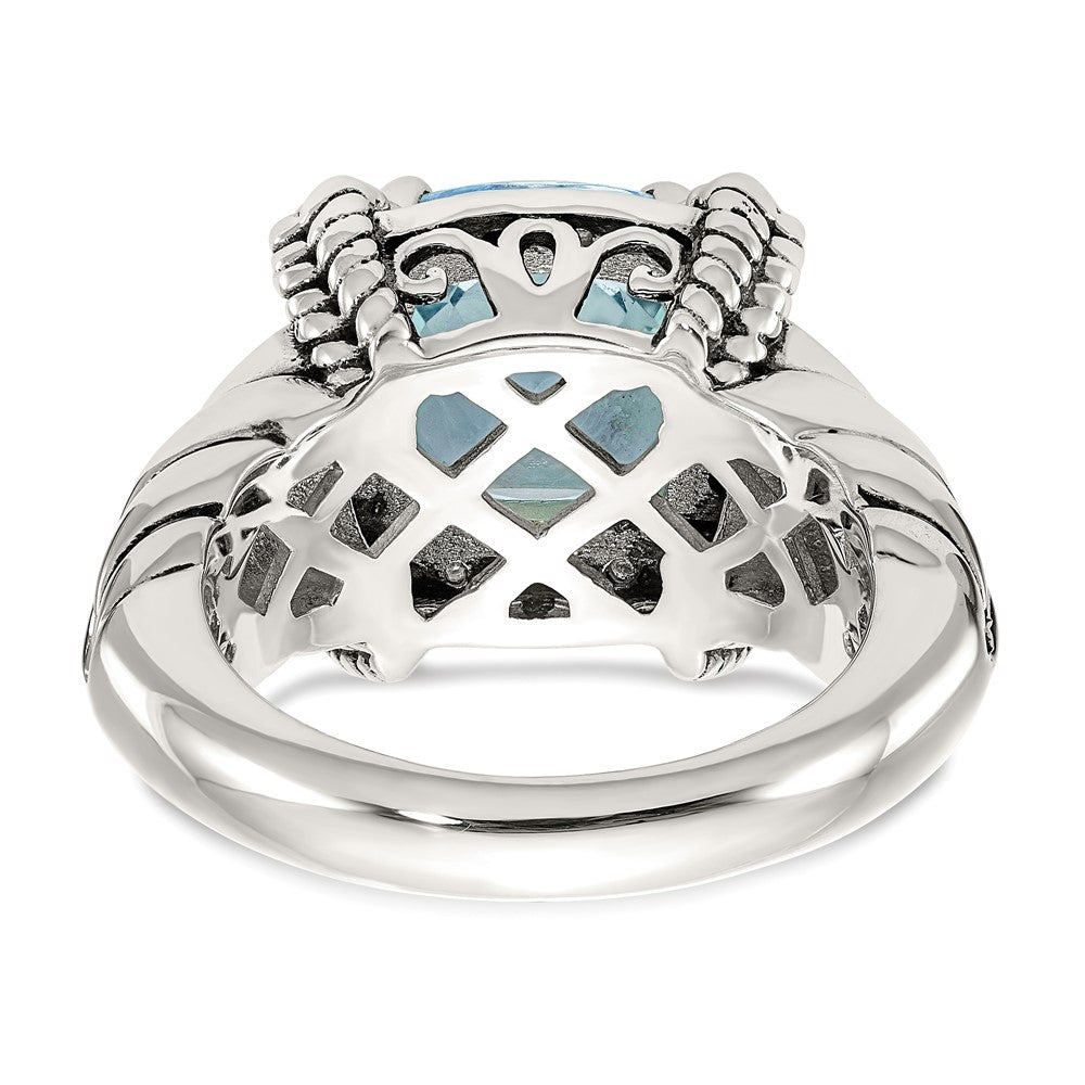 Shey Couture Sterling Silver with 14K Accent Antiqued Checkerboard Cushion Sky Blue Topaz and Diamond Ring