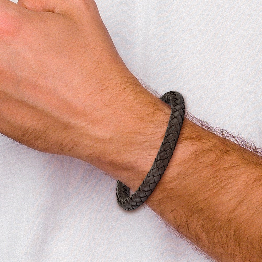 Stainless Steel Brushed Brown Braided Leather 8.25in Bracelet 8.25 inches