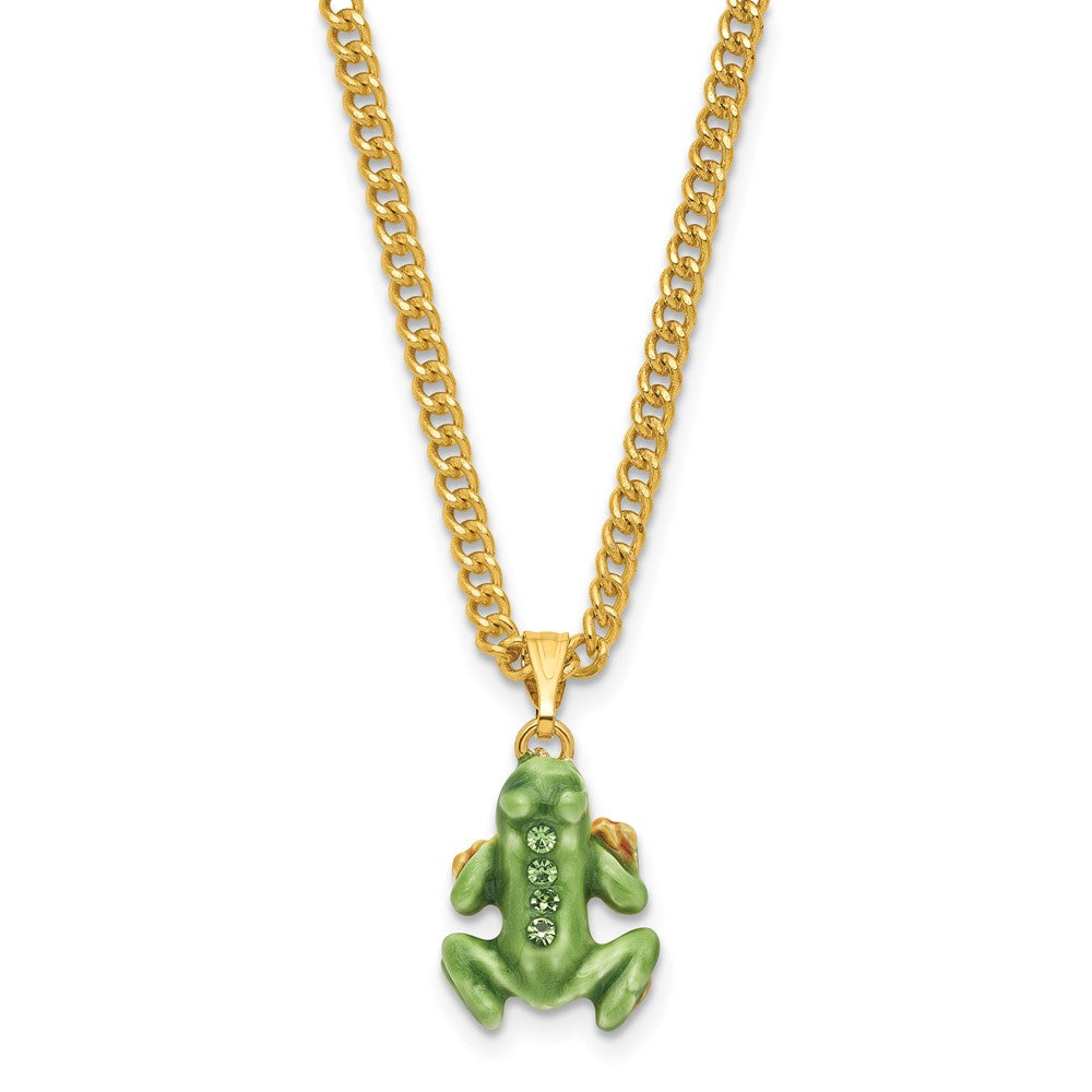 Luxury Giftware Pewter Bejeweled Crystals Gold-tone Enameled JENSEN Handstand Frog on Lily Pad Trinket Box with Matching 18 Inch Necklace