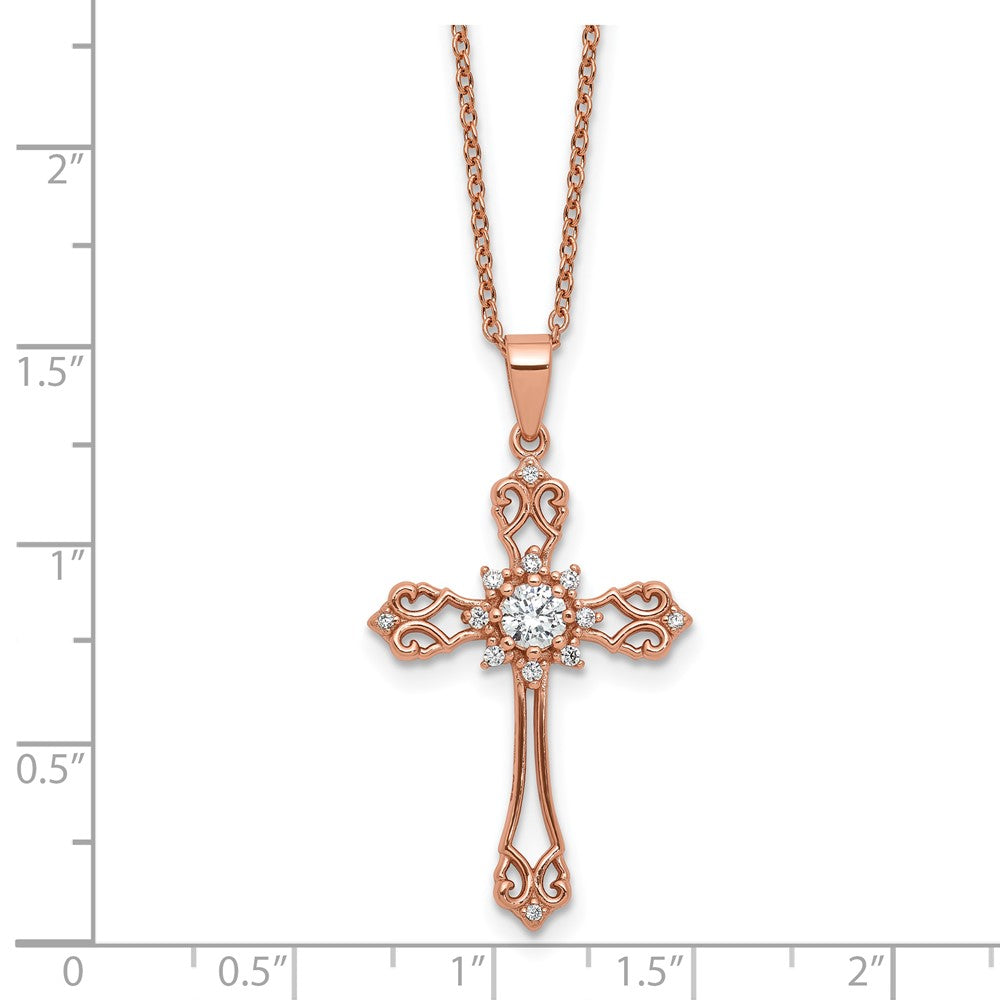 Cheryl M Sterling Silver Rose Gold-plated Polished CZ Cross with 2 Inch Extension Necklace 18 Inches