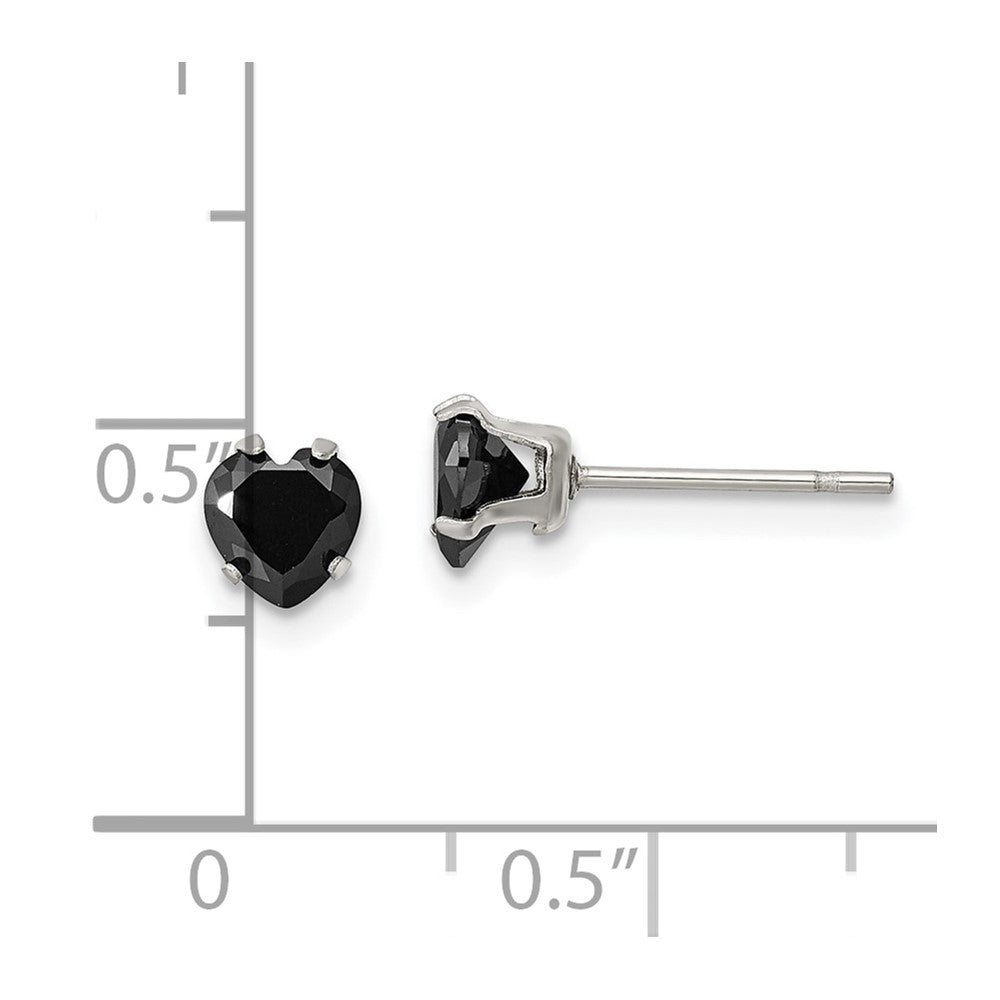 Stainless Steel Polished 5mm Black Heart CZ Stud Post Earrings