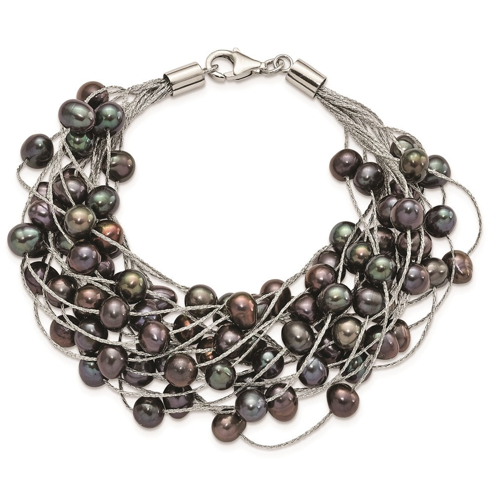 Sterling Silver Rhodium-plated 6-7mm Black Semi-Round Freshwater Cultured Pearl Multi Strand 7.5 inch Bracelet 7.5 inches