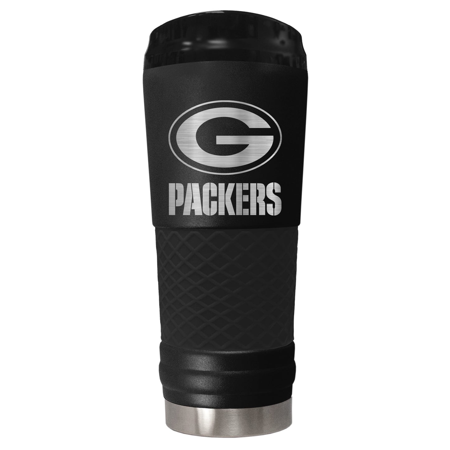 Green Bay Packers 24 ounce vacuum insulated stainless steel tumbler in black powder coat and laser etched team logo