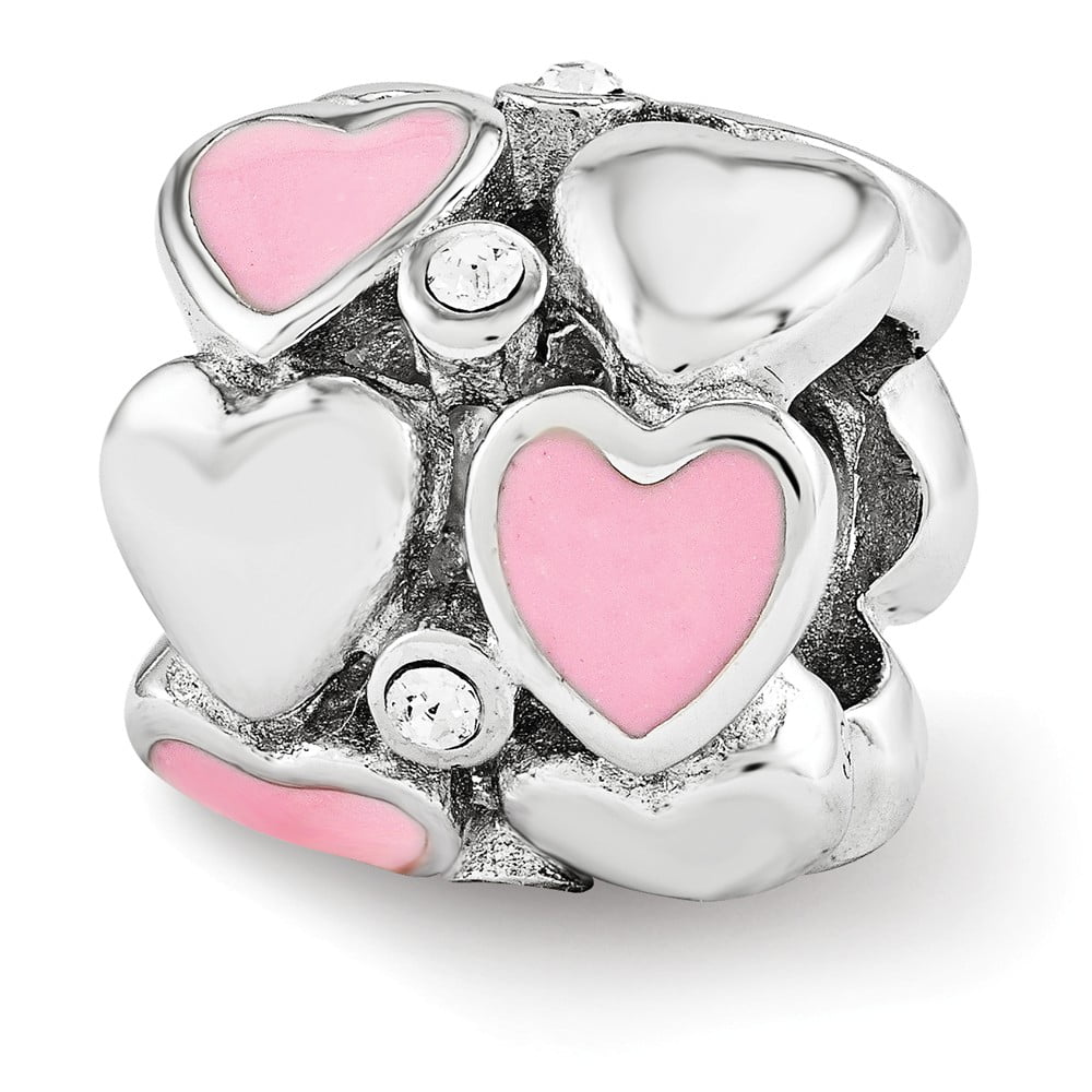 Sterling Silver, Pink Enamel & Crystal Double Row Heart Bead Charm