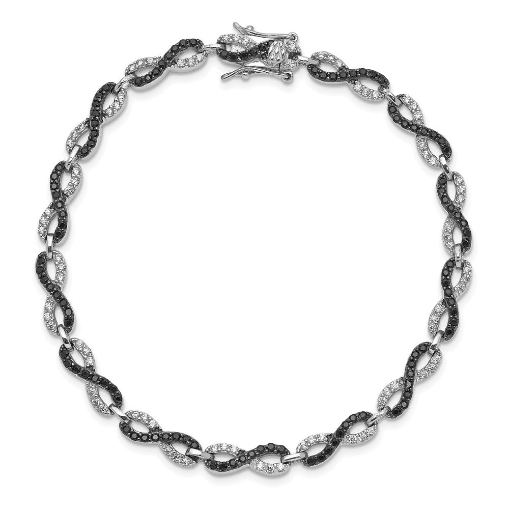 Sterling Silver Rhod-plated 7.5in Black/White CZ Infinity Bracelet 7.5 inches