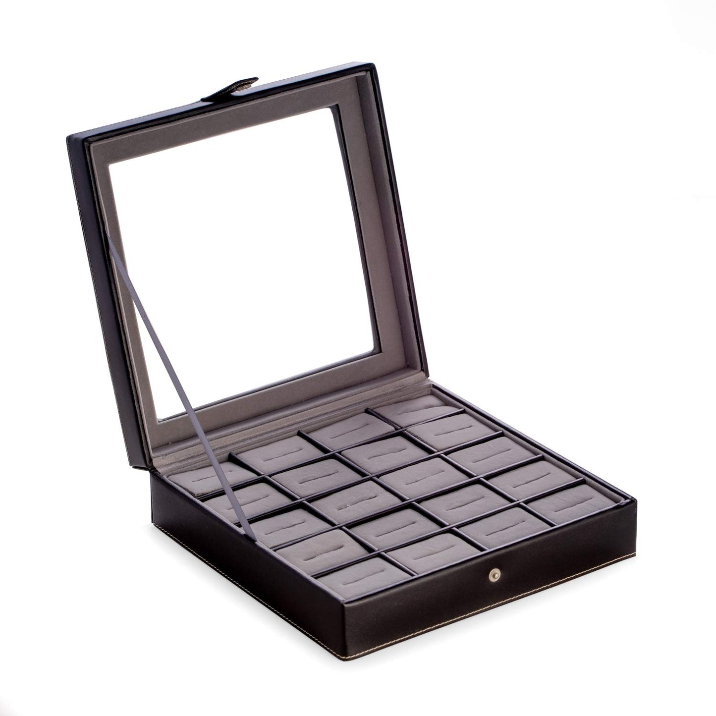 Bey-Berk International BB579BLK Black Leather 20 Cufflink Box with Glass Top & Snap Closure