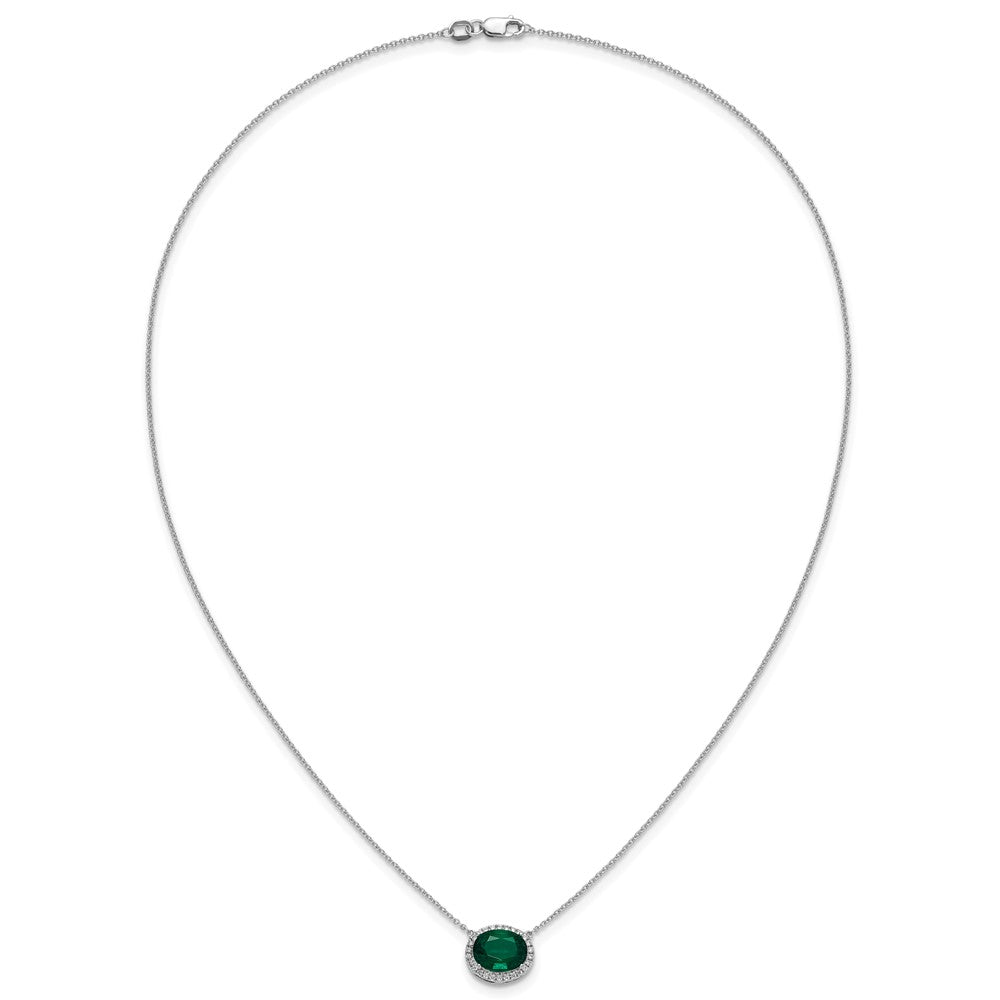 14k White Gold Oval Created Emerald/Diamond 18in. Halo Necklace